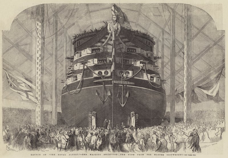 Lançamento do Royal Albert, Sua Majestade recebendo o vinho do mestre Shipwright de Edwin Weedon