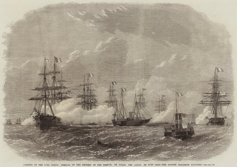 Abertura do Canal de Suez, Chegada da Imperatriz dos Franceses, a bordo do Aigle, em Port Said, saudando o Esquadrão Britânico de Edwin Weedon