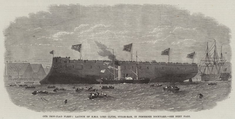 Nossa frota de ferro-Clad, lançamento do HMS Lord Clyde, Steam-Ram, em Pembroke Dockyard de Edwin Weedon