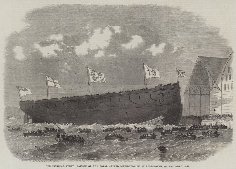 Nossa frota Ironclad, Lançamento do Royal Alfred Screw-Fragata em Portsmouth, no último sábado de Edwin Weedon