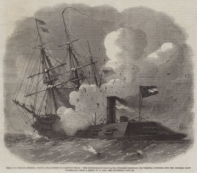 A Guerra Civil na América, o Engajamento Naval em Hampton Roads, o navio Confederate Iron-plated Steamer Merrimac (ou Virginia) correndo para o Federal Cumberland Sloop de Edwin Weedon