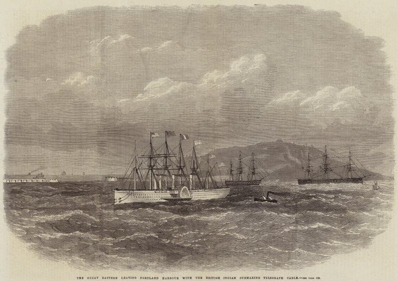 O Great Eastern deixando o porto de Portland com o cabo telegráfico submarino indiano britânico de Edwin Weedon
