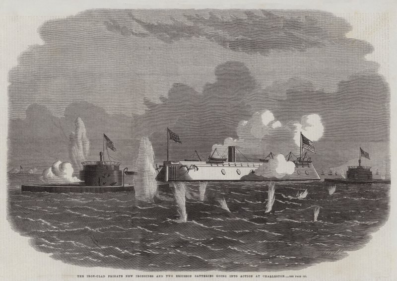 A fragata Iron-Clad New Ironsides e duas baterias Ericsson entrando em ação em Charleston de Edwin Weedon