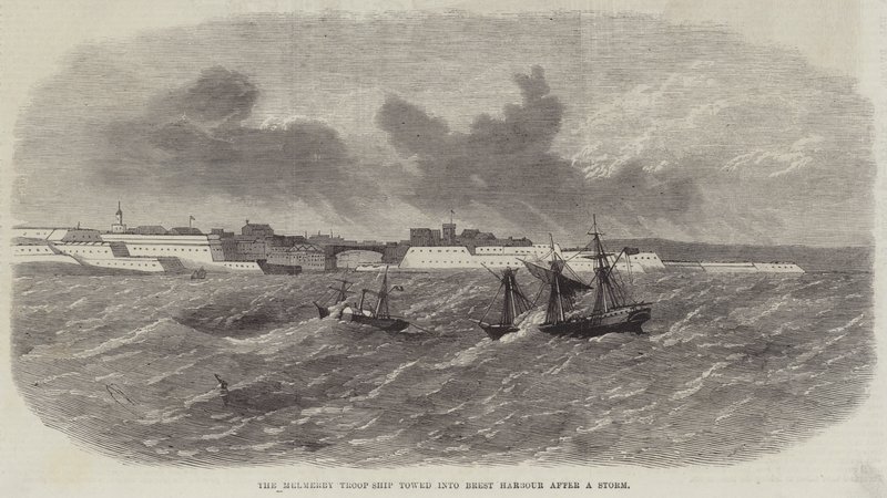 O navio da tropa de Melmerby rebocado em Brest Harbor depois de uma tempestade de Edwin Weedon