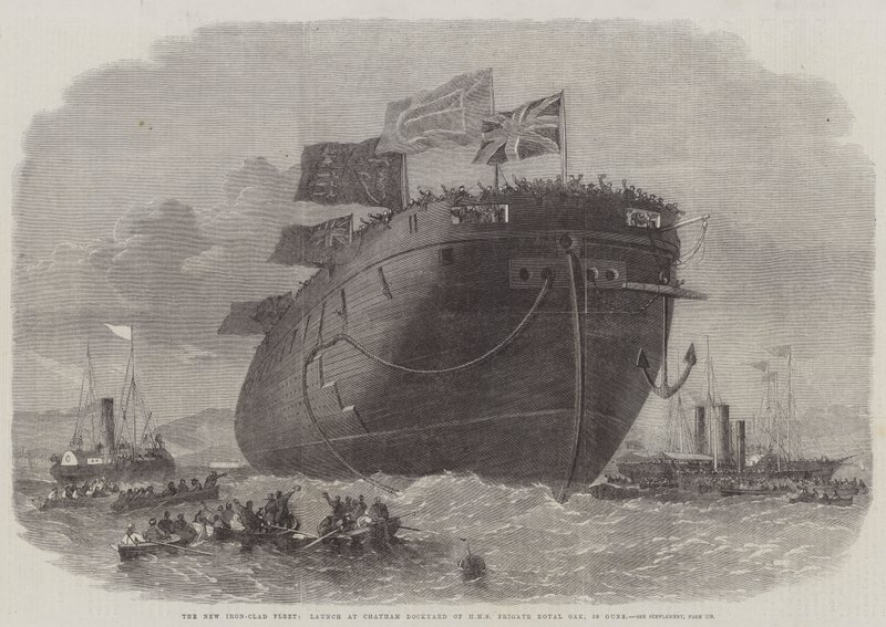 A nova frota de ferro-clad, lançamento no estaleiro de Chatham de HMS fragata Royal Oak, 50 armas de Edwin Weedon