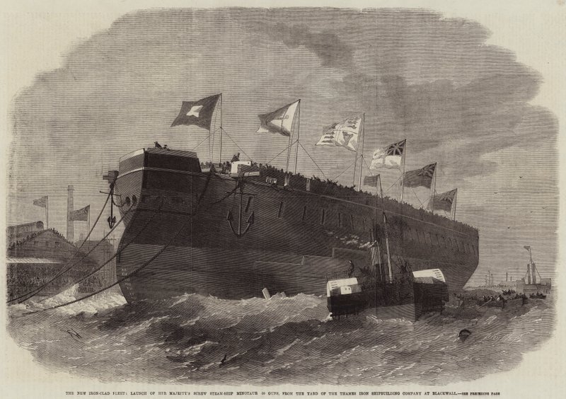 A Nova Frota de Ferro, Lançamento do Minotauro de Parafuso a Vapor de Sua Majestade 50 Armas, da Companhia de Construção Naval de Ferro do Tâmisa, no Blackwall de Edwin Weedon