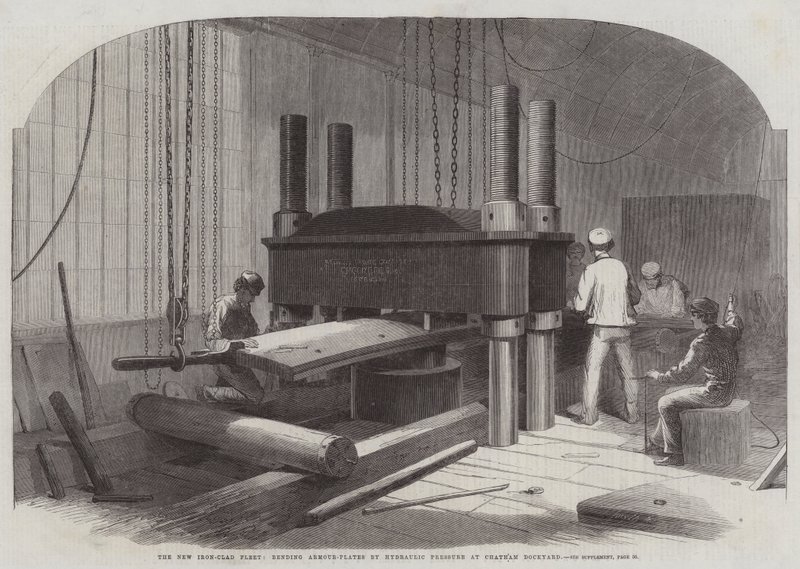 A nova frota de ferro revestido, dobrando placas de blindagem por pressão hidráulica no estaleiro de Chatham de Edwin Weedon