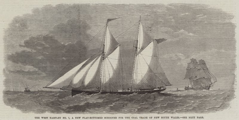 The West Hartley No 1, uma nova escuna de fundo chato para o comércio de carvão de Nova Gales do Sul de Edwin Weedon