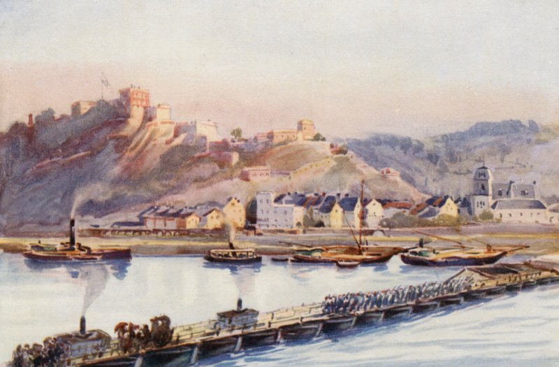 O Reno: Ehrenbreitstein, a ponte dos barcos (litografia a cores) de Effie Jardine