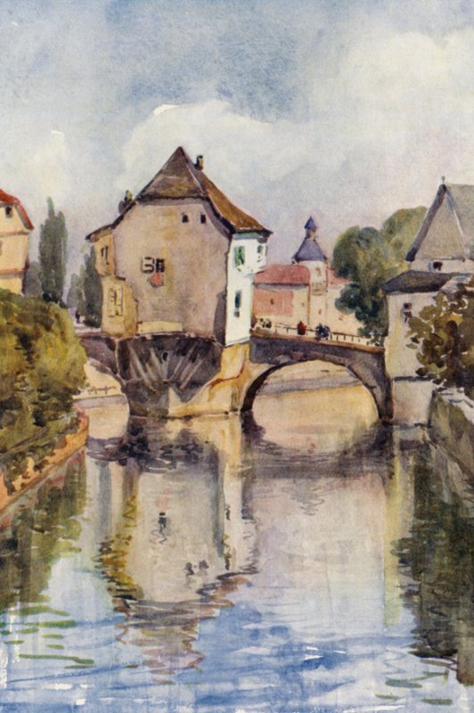 O Reno: Ponte velha em Kreuznach (litografia a cores) de Effie Jardine