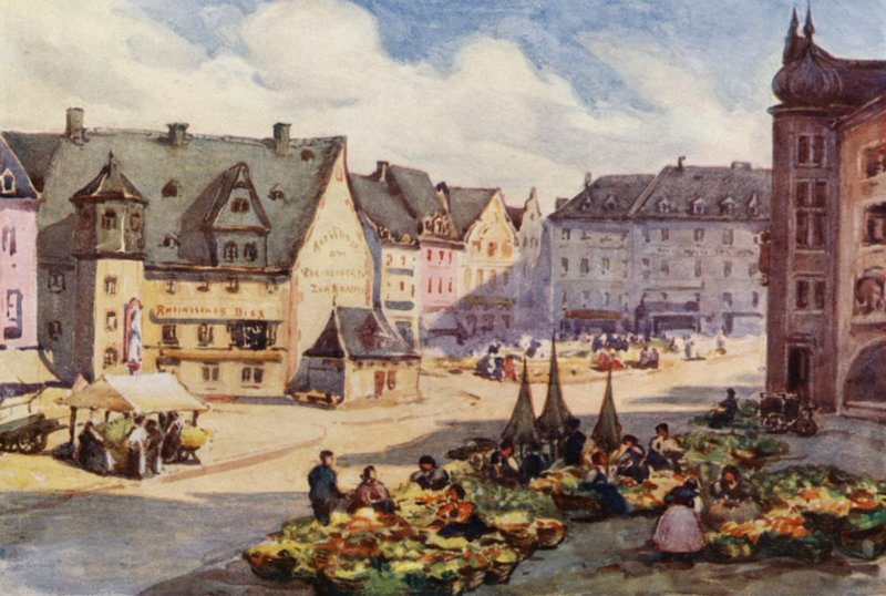 O Reno: A praça do mercado, Mainz, Mayence (litografia a cores) de Effie Jardine