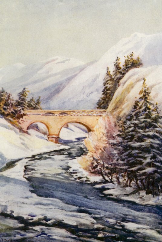 O Reno: A ponte do Reno em Thusis (litografia a cores) de Effie Jardine