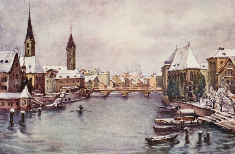 O Reno: O rio em Zurique, inverno (litografia a cores) de Effie Jardine