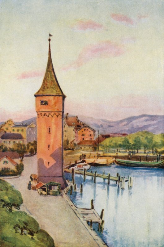 O Reno: A Torre de Lindau na Sé de Boden, Lago de Konstanz (litografia a cores) de Effie Jardine