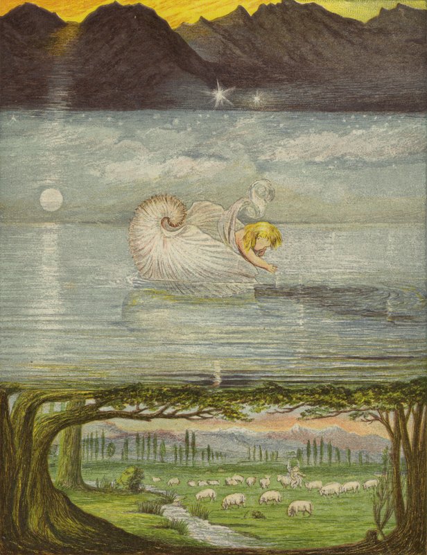 Um barco dourado em uma grande, grande água (lito colorido) de Eleanor Fortescue Brickdale