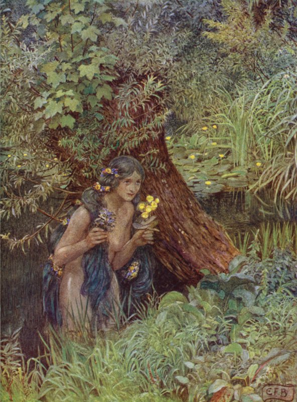 Com belas mechas esverdeadas, todas soltas e desamarradas, Como cada uma foi noiva (lito colorido) de Eleanor Fortescue Brickdale