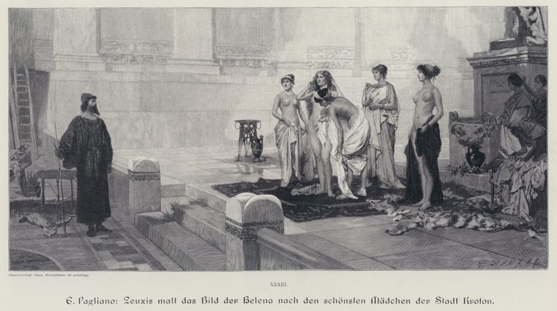 O antigo artista grego Zeuxis escolheu das mais belas mulheres da cidade de Crotone o modelo para a sua pintura de Helena de Tróia (gravura) de Eleuterio Pagliano