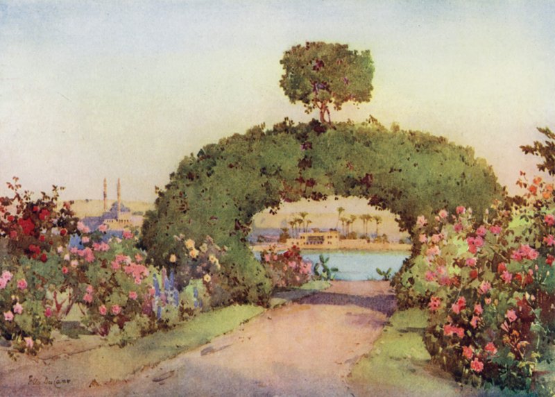 Um jardim de rosas em Gizé e vista do Cairo (lito colorido) de Ella Du Cane