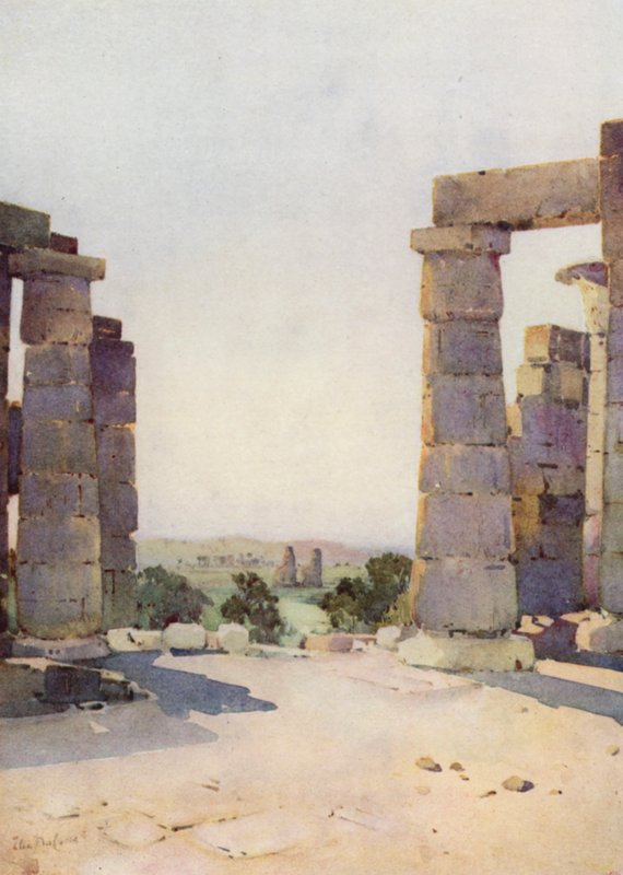 Os Colossos do Ramesseum no início da manhã (lito colorido) de Ella Du Cane