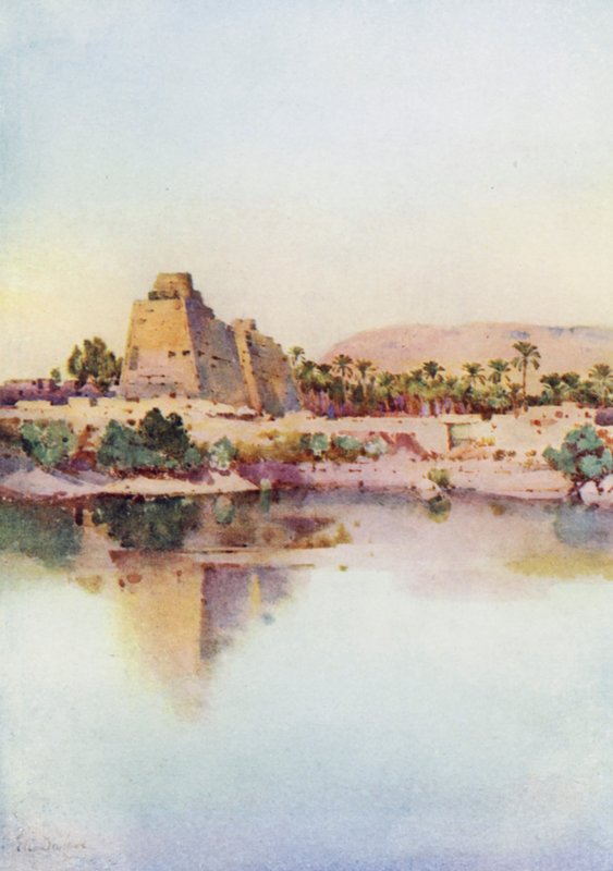 O Pylon de Hatshepset em Karnak, a partir do Lago Sagrado (cor litho) de Ella Du Cane