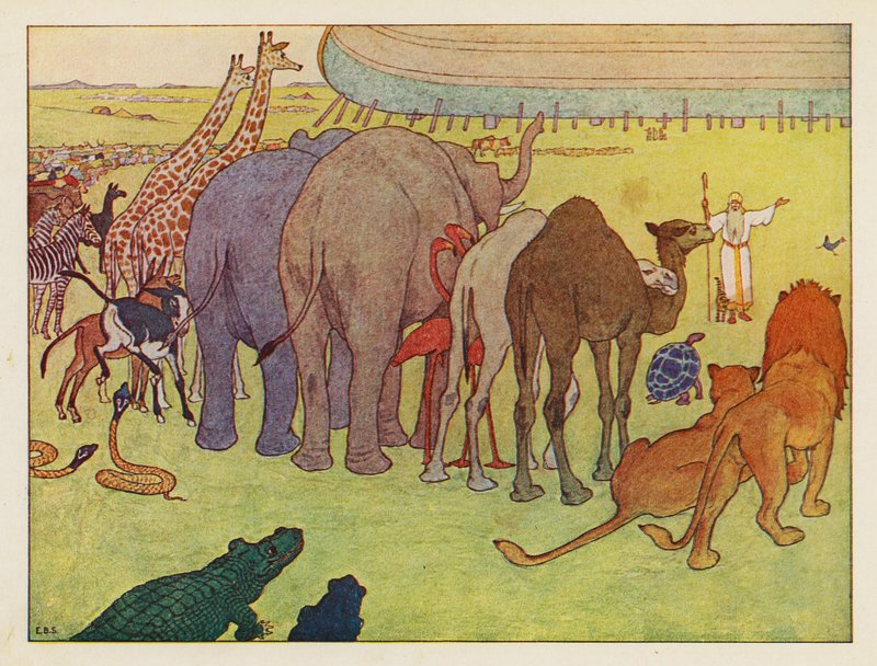A Arca de Noé: Montagem dos animais (litografia a cores) de Elmer Boyd Smith