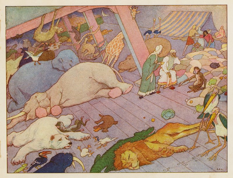 A Arca de Noé: O interior da arca (litografia a cores) de Elmer Boyd Smith