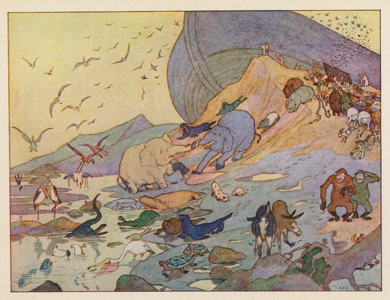 A Arca de Noé: Saída da arca (litografia a cores) de Elmer Boyd Smith