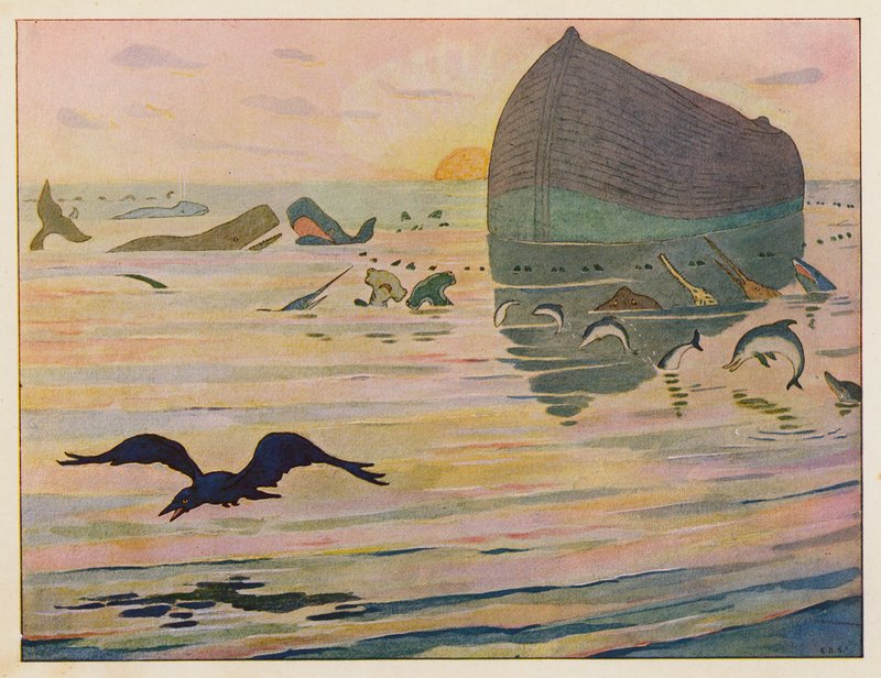 A Arca de Noé: O corvo é enviado (litografia a cores) de Elmer Boyd Smith
