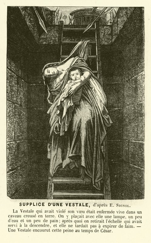 Execução de uma Virgem Vestal por quebrar o seu voto de castidade, Roma antiga (gravura) de Emile (after) Signol