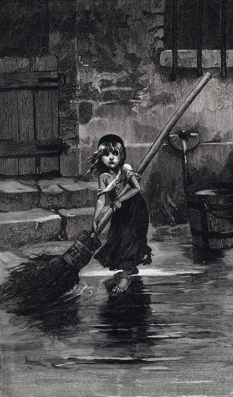 Cena de Les Miserables, de Victor Hugo: Cosette sweeping (gravação) de Emile Antoine (after) Bayard