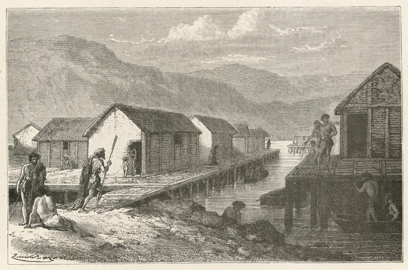 Uma aldeia do lago na Suíça durante a Idade do Bronze de Emile Antoine Bayard