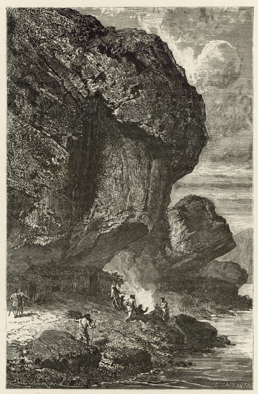 Vista do abrigo de pedra de Bruniquel, morando do homem na hora de rena de Emile Antoine Bayard