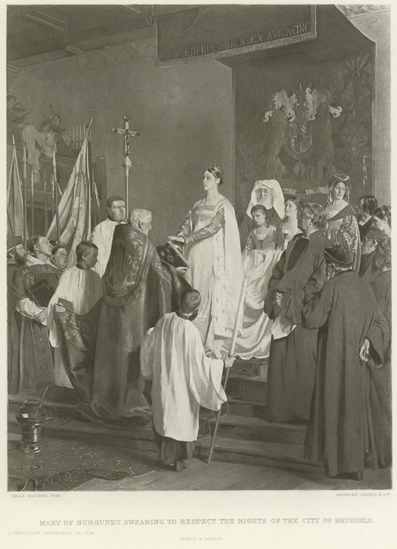 Maria da Borgonha jurando respeitar os direitos da cidade de Bruxelas (gravura) de Emile Charles Wauters