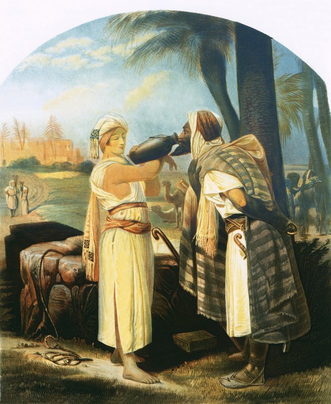 Rebeca dá ao servo uma bebida de Emile Jean Horace Vernet