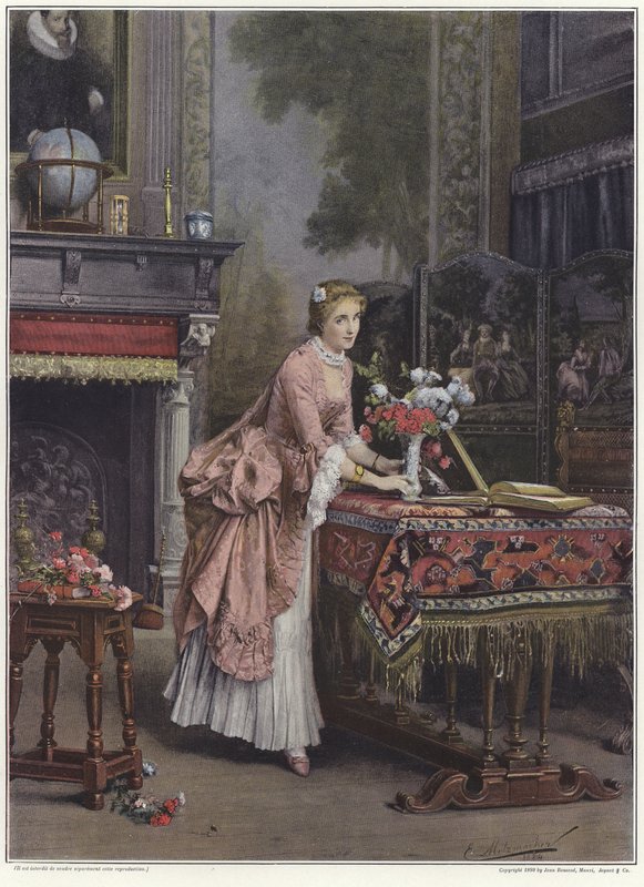 Um, mulher, colocar, um, vaso flores, ligado, um, tabela de Emile Pierre Metzmacher