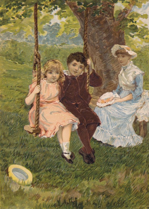 Rapaz e rapariga sentados num baloiço (cromolitho) de Emily Jane Harding Andrews