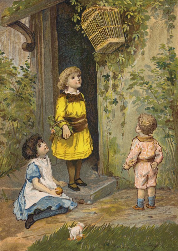 Crianças a admirar um cesto suspenso (cromolitho) de Emily Jane Harding Andrews