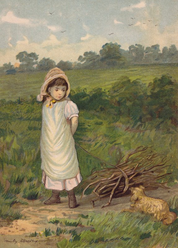 Rapariga a apanhar lenha com o seu cão de estimação (cromolitho) de Emily Jane Harding Andrews