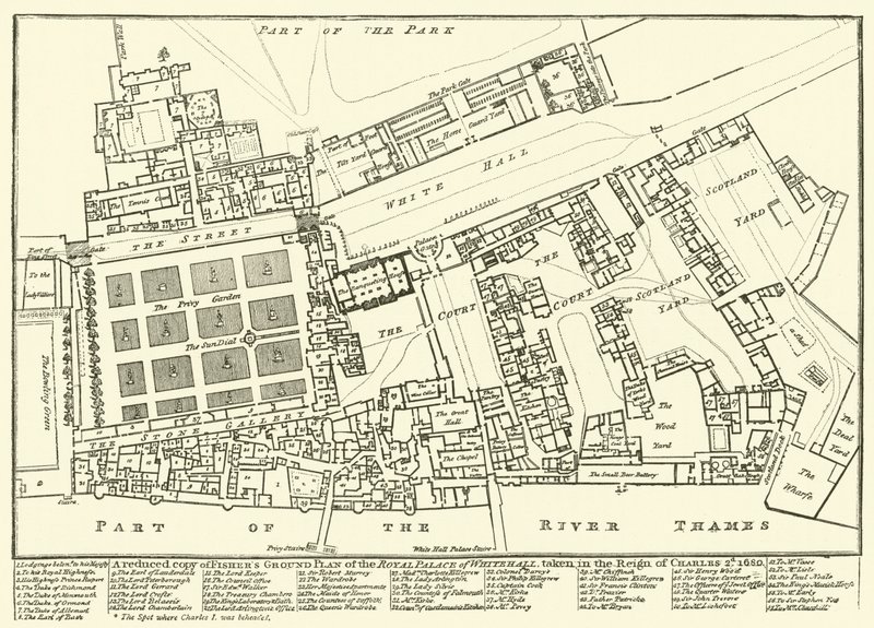 Uma cópia reduzida do Plano de Terra dos Pescadores do Palácio Real de Whitehall, tirada no Reino de Carlos II, 1680 de English School