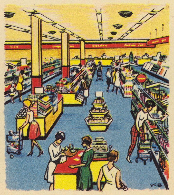 Uma loja ou supermercado de autoatendimento na Grã-Bretanha, c 1950 de English School
