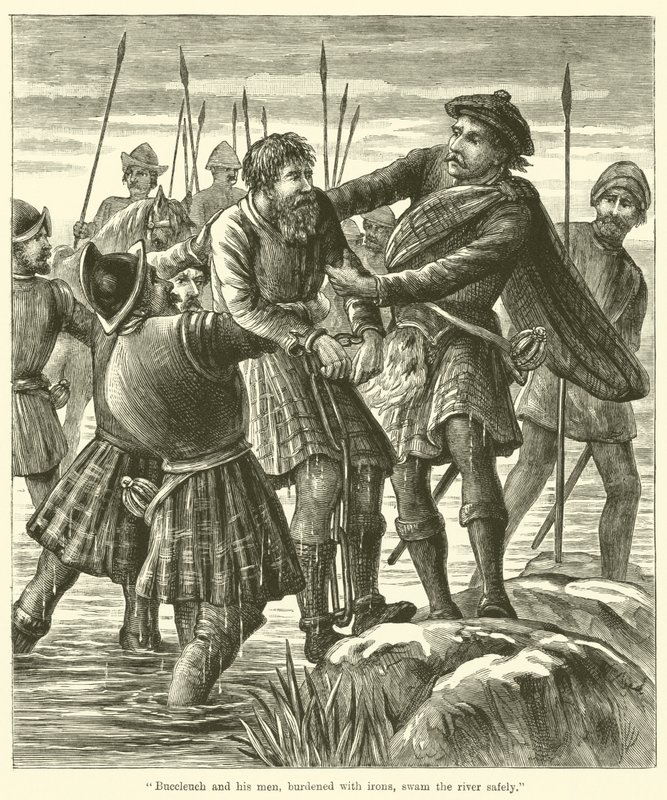 Buccleuch e seus homens, sobrecarregados com ferros, nadaram o rio com segurança de English School