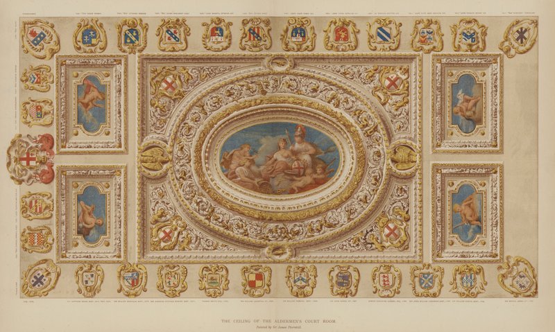 Teto do Aldermens Court Room, Guildhall, Cidade de Londres, pintado por Sir James Thornhill de English School