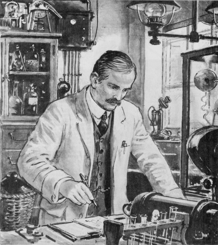Ernest Rutherford, no trabalho em seu laboratório em Cambridge de English School