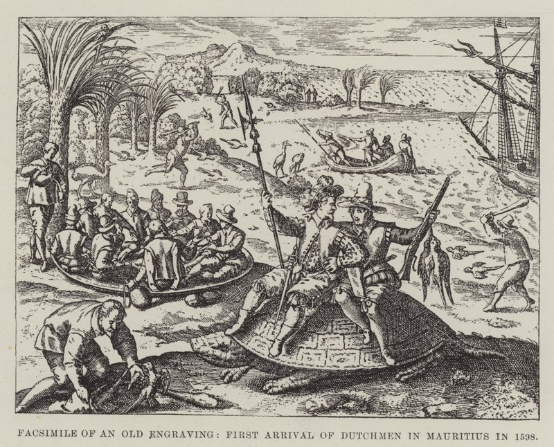 Fac-símile de uma gravura antiga, primeira chegada de holandeses em Maurício em 1598 de English School