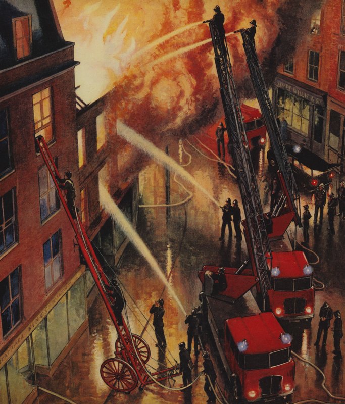 Brigada de incêndio em ação, Inglaterra, década de 1960 de English School