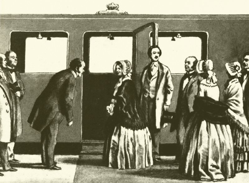 George Hudson, o Rei da Ferrovia, fazendo reverência à rainha Victoria e ao príncipe Albert, como eles são de English School