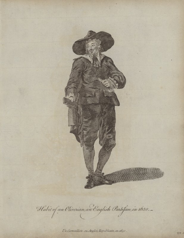 Hábito de um partidário Oliverian e inglês em 1650 de English School
