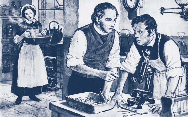 Joseph Lister mostrando micróbios em instrumentos cirúrgicos não lavados de English School