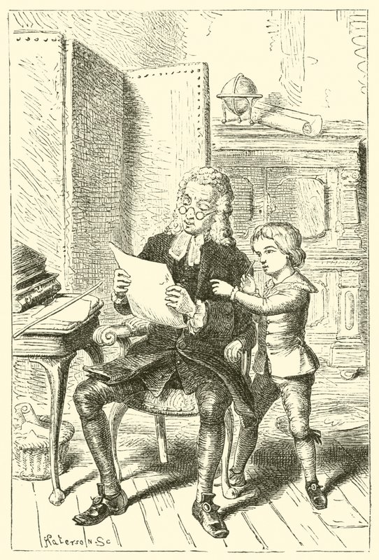Joshua Reynolds, o menino, mostrando o desenho da escola de seu pai de English School