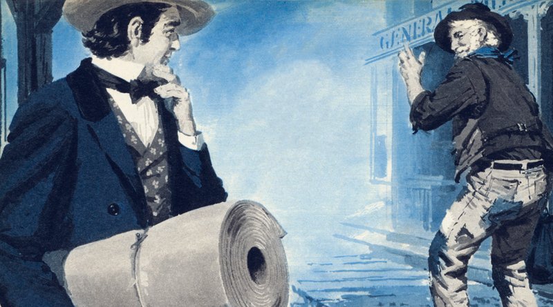 Levi Strauss, carregando seu rolo de tela, chegando em San Franciso de English School